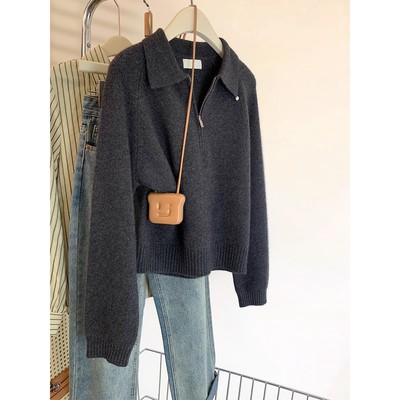 深灰色polo领半拉链纯色针织衫女秋冬2025新款翻领小个子毛衣上衣