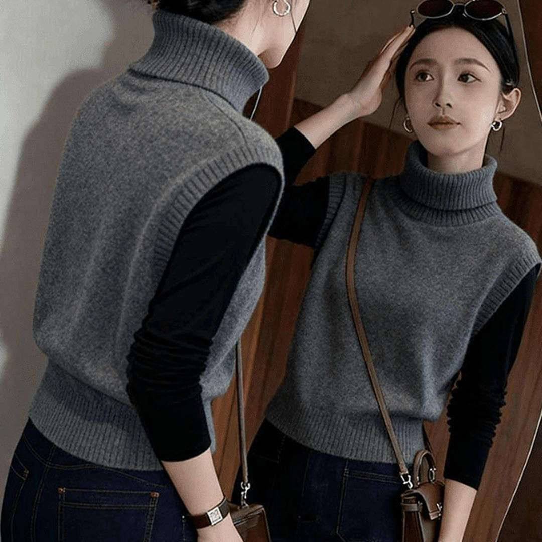 韩系穿搭灰色堆堆高领马甲针织衫女秋冬修身显瘦叠穿背心毛衣上衣