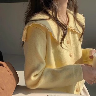 温柔风奶fufu甜美软糯翻领娃娃领重工拼接蕾丝针织开衫 毛衣外套女