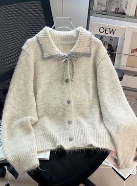 温柔风翻领毛衣开衫女2025秋冬新款设计感系带蝴蝶结洋气针织外套