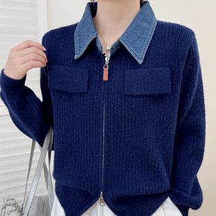 牛仔拼接翻领假两件针织开衫女秋冬宽松软糯双头拉链百搭毛衣外套