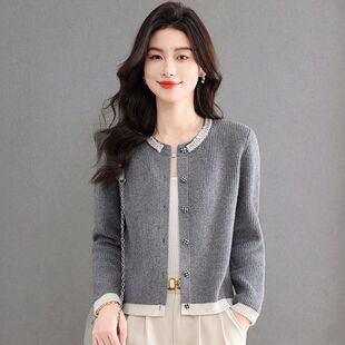 春季新款时尚钉珠小个子毛衣女士短款宽松针织开衫上衣配裙子外套