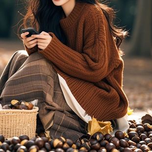 棕色慵懒麻花毛衣女2026秋冬春季 糖炒栗子穿搭巴恩风复古上衣