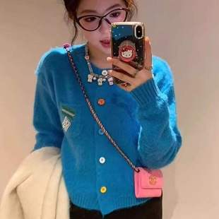 韩系高级感克莱因蓝色针织开衫女秋冬宽松慵懒风软糯短款毛衣外套