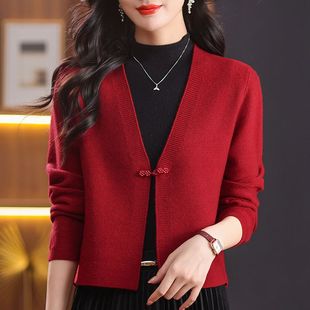 春秋红色针织开衫女士披肩新中式盘扣毛衣外套高级感旗袍外搭短款