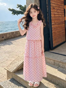 女童夏季裙子新款2026韩版中大童洋气粉色波点连衣裙休闲女孩套装