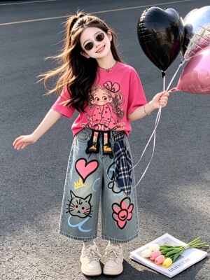 女童夏季韩版洋气T恤牛仔两件套