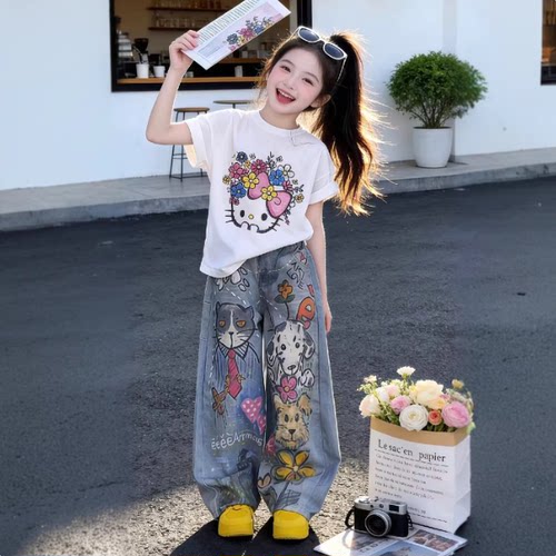 女童夏季涂鸦T恤牛仔阔腿套装