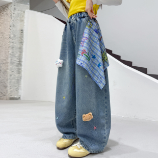 春秋裤 洋气卡通刺绣星星格纹方巾长裤 子 2026新款 女童牛仔阔腿裤