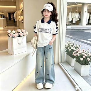 女童夏季短袖套装2026新款洋气学院风polo衫女孩薄款牛仔裤两件套