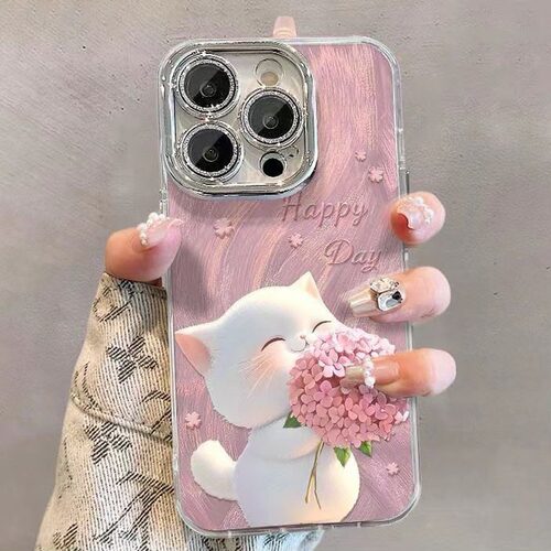 iPhone14plus可爱IP15猫咪13pm适用12p苹果16Promax手机壳i11全包xs带镜头膜xr小猫手链case男绣球花朵女秋冬