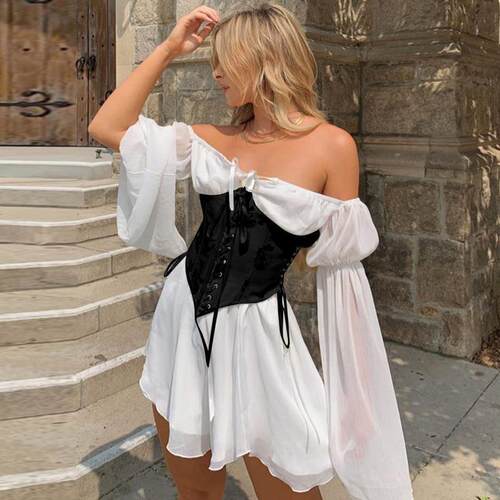 One-shoulder chiffon dress suit欧美雪纺一字肩连衣裙束腰套装