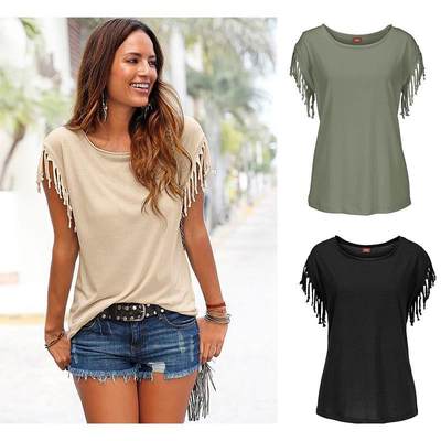 Women summer tassel T-shirts ladies casual Tops 女士短袖T恤