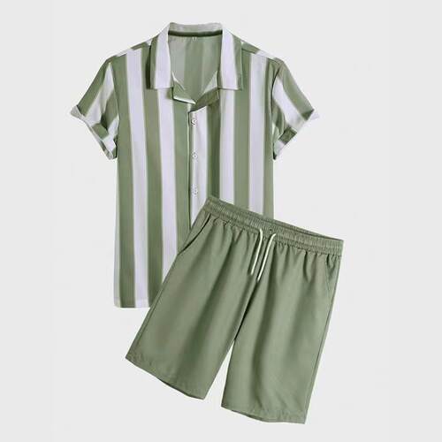 2024 Short sleeved striped beach shirt men's two-piece s