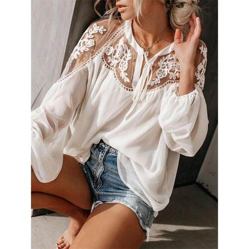2024 summer women blouse casual lady V neck lace blouse tops