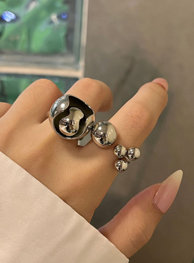 欧美小众设计金属风可晃动圆珠球戒指 女ins高级感个性开口指环戒