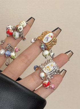 新中式步摇名族风宽版流苏圆珠球宽版戒指磨砂雾面水滴叠搭指环戒