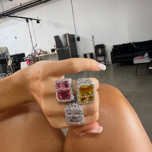 欧美跨境几何闪钻戒指女复古优雅气质锡纸纹路开口指环食指戒首饰