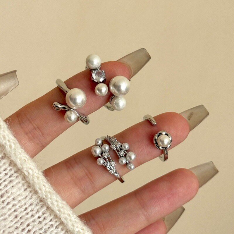 韩版高亮珍珠素圈开口叠戴指环戒 ins轻奢百搭手工镶钻气质戒指女