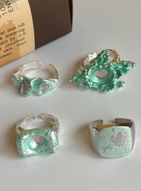 新中式金属手工绿色珐琅釉不规则海洋珊瑚戒指 INS高级感叠戴指环