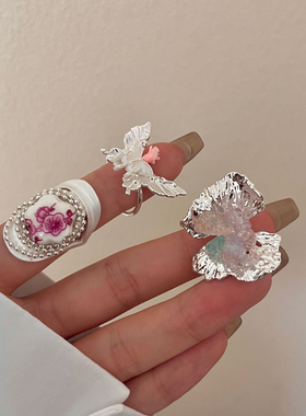 新中式复古水晶天然石串珠蝴蝶开口戒指金属锡纸风轻奢叠戴指环戒