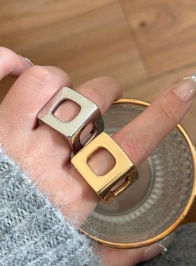 西班牙小众设计金属镂空质感正方体戒指 ins个性夸张宽版指环戒子