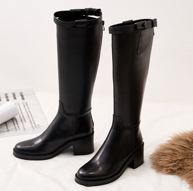 隐形内增高9CM欧美头层牛皮圆头机车靴粗跟长筒靴中性帅气靴子女