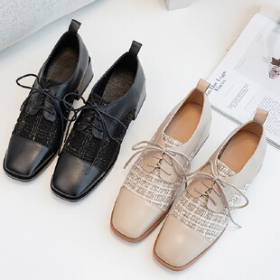 春隐形内增高7CM 女 牛皮方头编织拼接小香风文艺系带休闲百搭单鞋