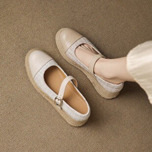 春隐形内增高7CM 女 头层牛皮拼接透气千鸟格松糕跟厚底一字扣单鞋