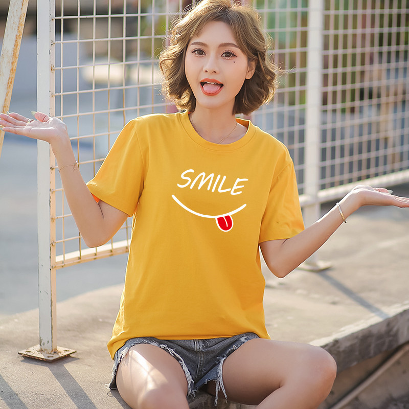 印花100%纯棉夏季短袖女宽松圆领纯棉T恤上衣学生可爱大码半袖潮