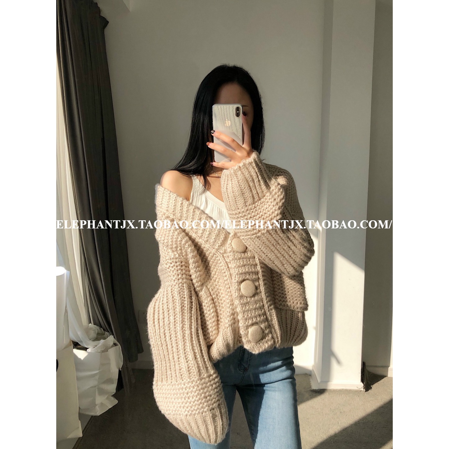 [ ELEPHANT JX ]Button Three buckle Off the shoulder Easy Coarse needle knitting Cardigan sweater coatin the Women's clothing/Boutique , Sweaters  category - from Buy2taobao.com to provide professional Taobao agent buy service