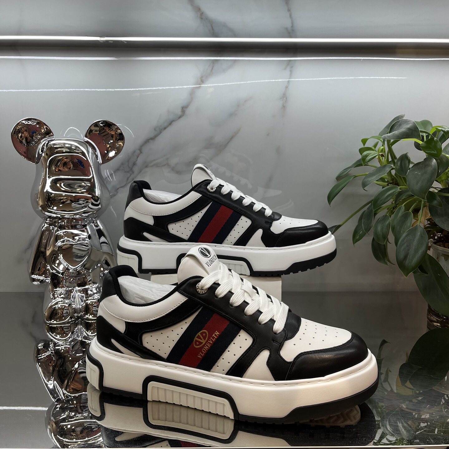 头层牛皮休闲织带拼色厚底板鞋