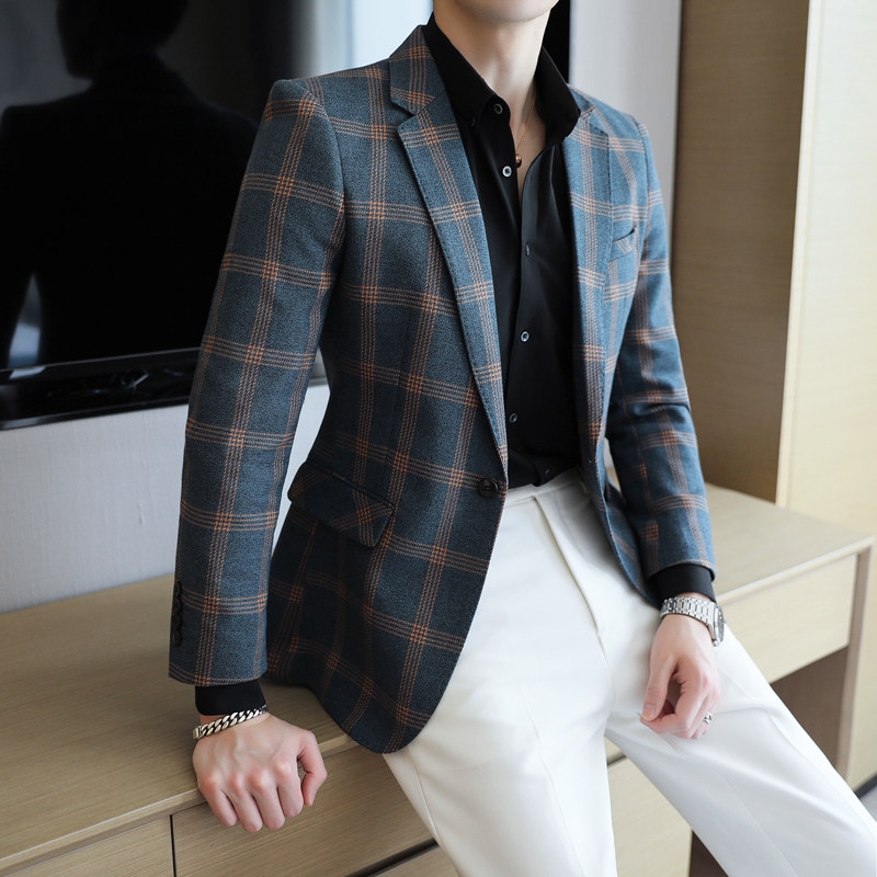 春季男士商务休闲时尚格子小西装外套修身大码便西褂子单西服上衣