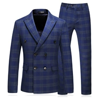 Bộ đồ kẻ sọc cho nam kinh doanh Bộ đồ đôi ngực giản dị Bộ váy cưới chú rể Slim Dress Bộ đồ ba mảnh - Suit phù hợp áo len nam