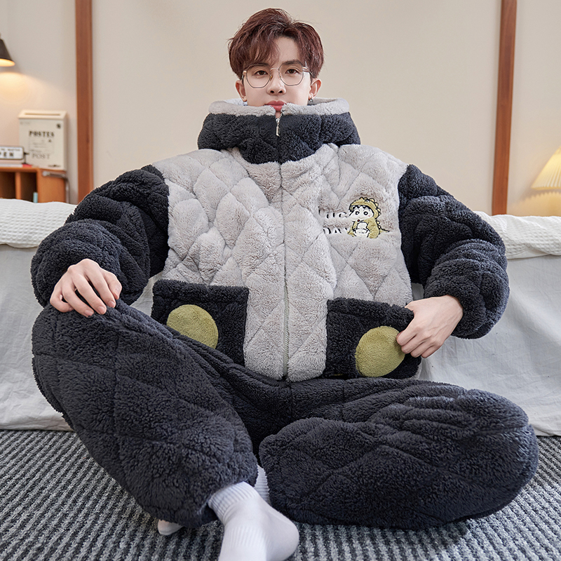 红豆睡衣男士冬季珊瑚绒加绒加厚三层夹棉青少年初中学生大童套装