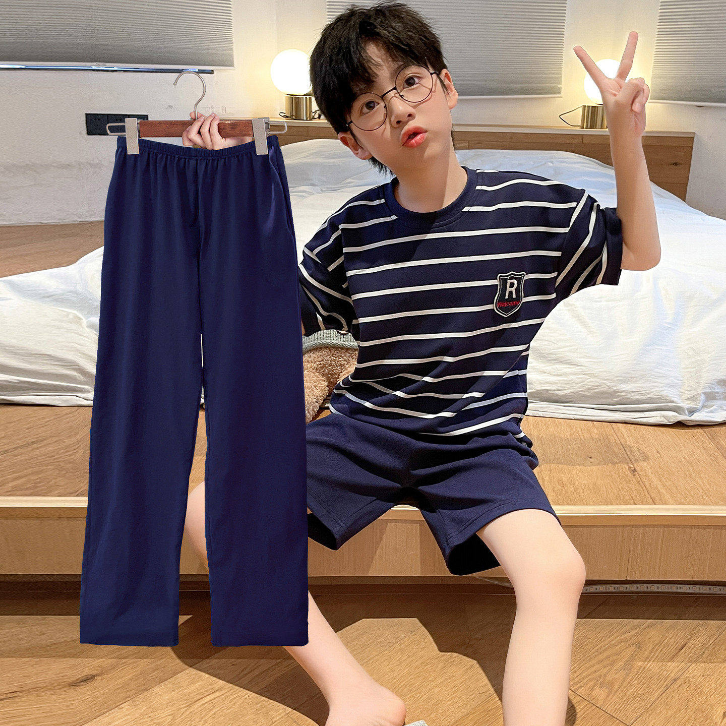 红豆儿童睡衣男孩夏季纯棉三件套短袖高初中学生12大童15岁家居服