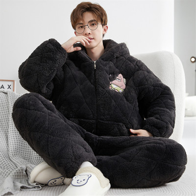 红豆睡衣男款冬季珊瑚绒加厚加绒三层夹棉男士青少年学生大童套装