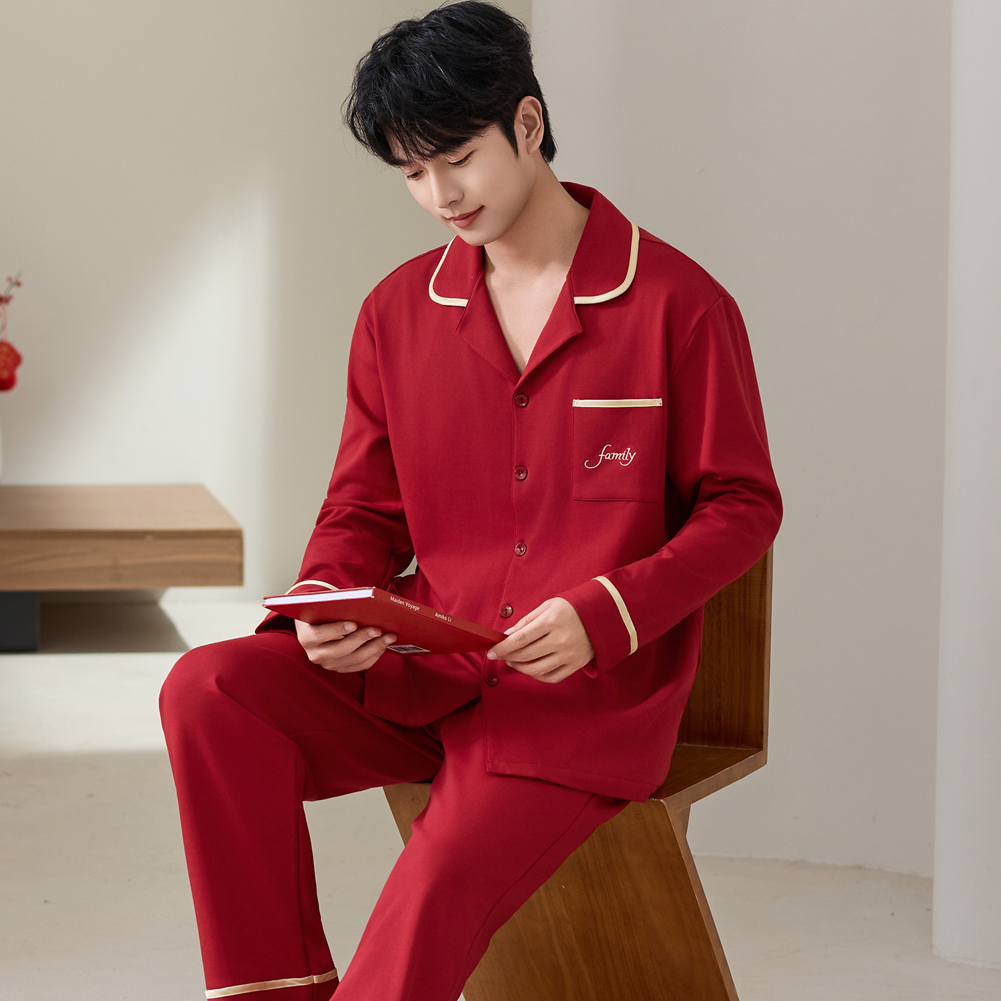红豆睡衣男士本命年2026春秋款纯棉长袖开衫加大码男款红色家居服