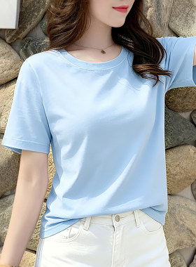 浅蓝色短袖t恤女宽松夏季2026打底小衫百搭小个子显瘦棉质上衣潮