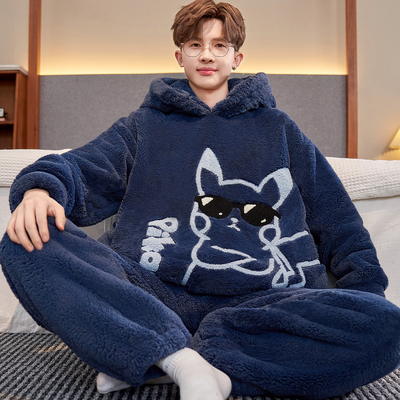 芬腾睡衣男士秋冬季加厚加绒珊瑚绒大码青少年初中学生大童法兰绒
