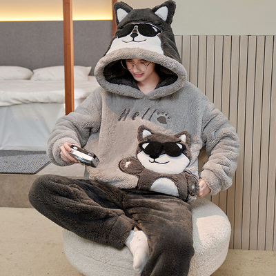 芬腾男士睡衣秋冬季珊瑚绒加厚大码法兰绒青少年初中学生大童套装