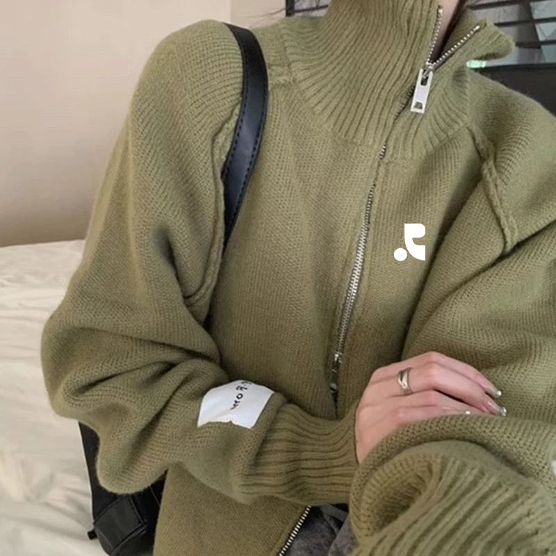 韩国代购Retionan秋冬新款高领拉链开上外套毛衣女时尚厚款上衣