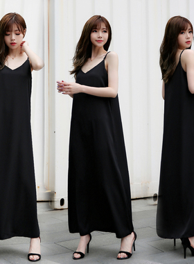 不透黑色V领中长款细肩带吊带A字宽松打底衬裙连衣裙脚踝长裙女夏