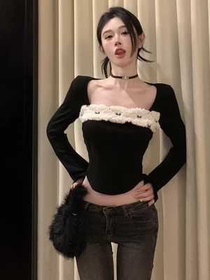 高级感毛绒方领修身针织上衣打底