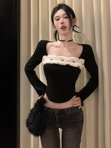 高级感毛绒方领修身针织上衣打底