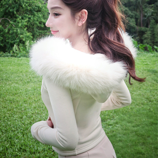 纯欲连帽毛领修身拉链外套女秋冬加厚保暖设计感气质淑女上衣外穿