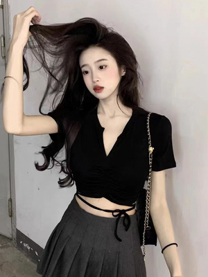 美式不规则抽绳v领辣妹短款上衣