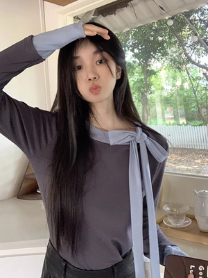 法式温柔风撞色拼接系带上衣内搭