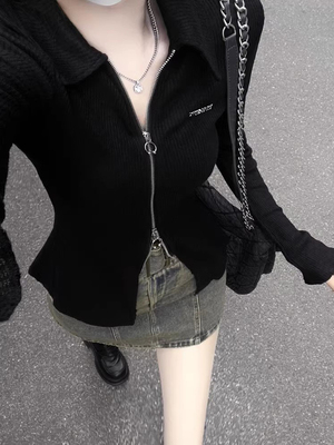 美式复古设计感黑色辣妹针织上衣