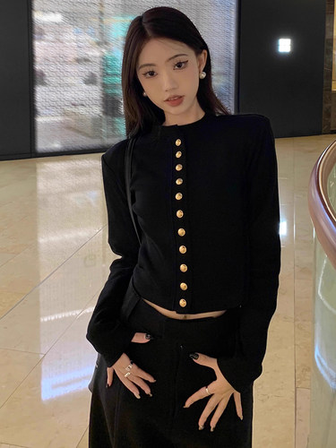 黑色高级感立领长袖修身开衫上衣